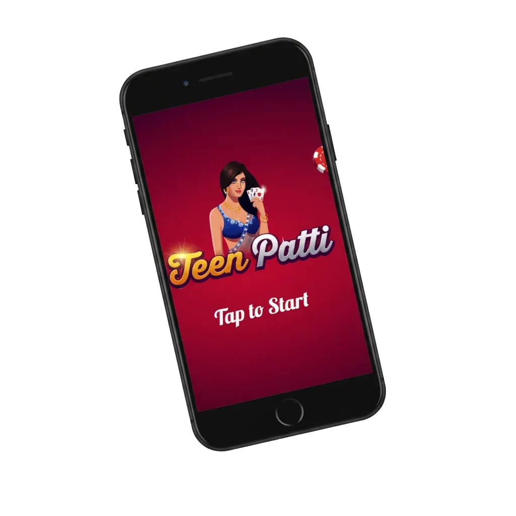 Smartphone showing Teen Patti cards and chips, promoting Indian real-money Teen Patti apps with big welcome bonus