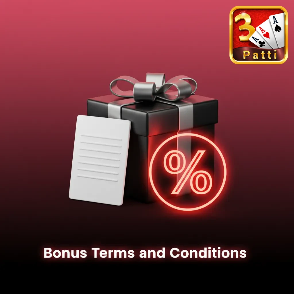 Illustrated Teen Patti bonus terms list explaining wagering, time limits, bet sizes, and eligibility rules