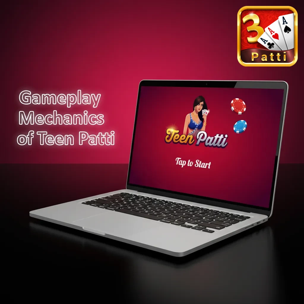 Mobile Teen Patti game screen showing three cards, bet chips, balance bar, and fold, call, raise action buttons