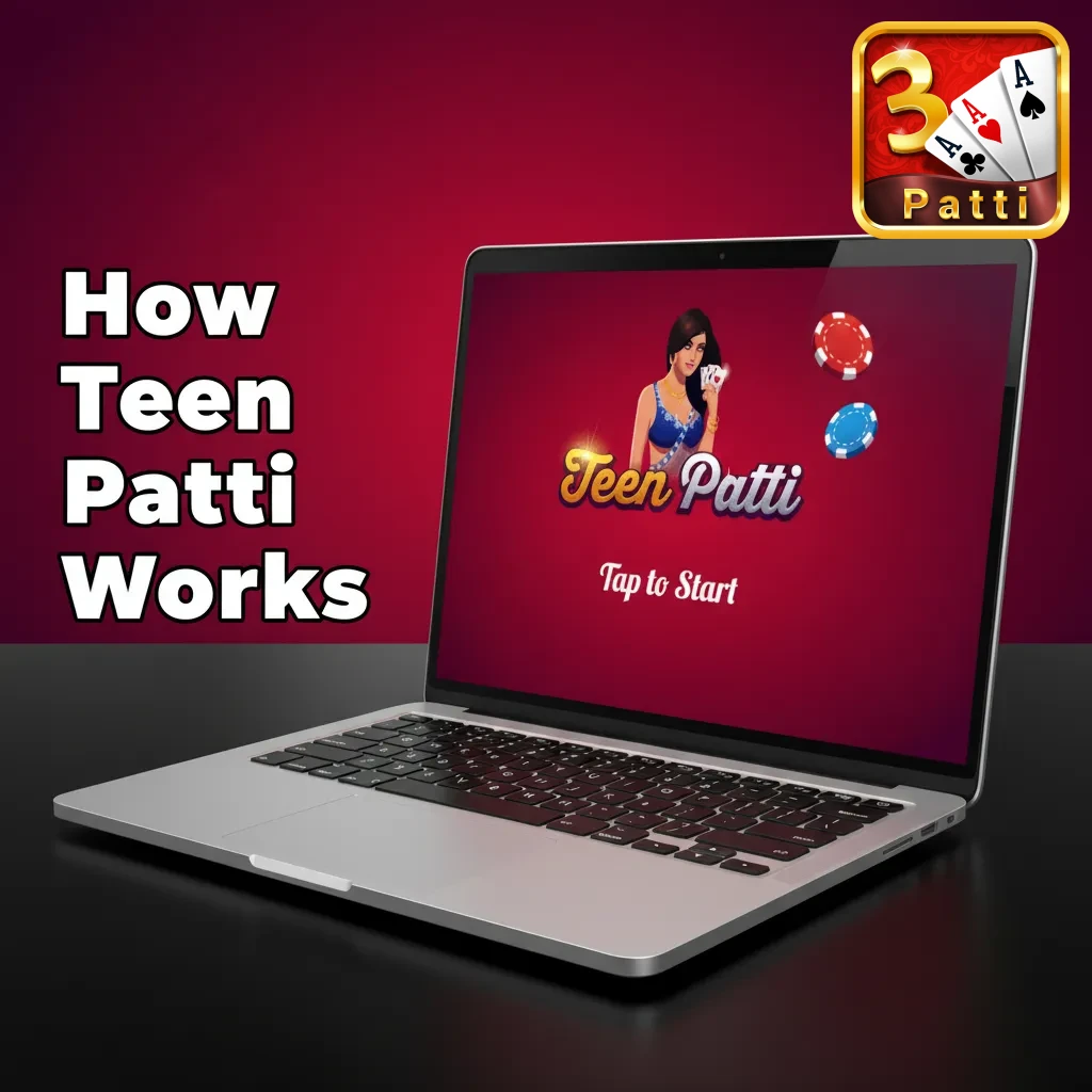 Illustrated Teen Patti table with 3‑card hands, betting chips, and arrows showing each step from ante to showdown.
