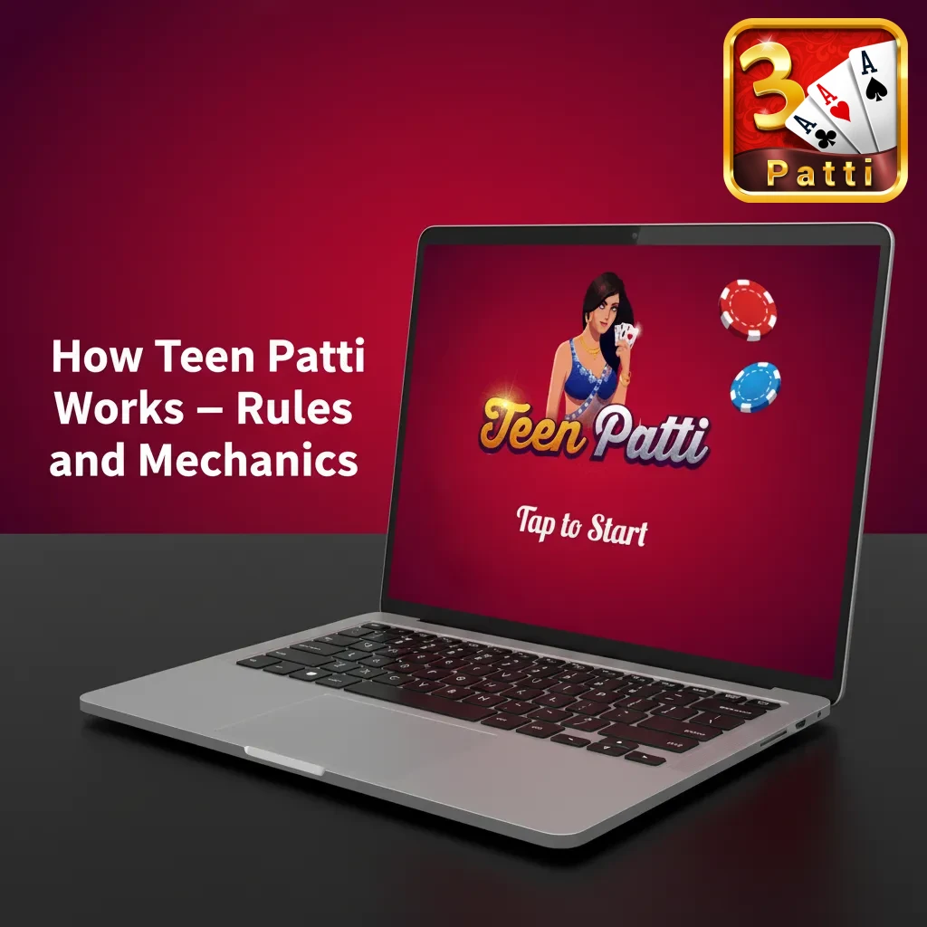 Online Teen Patti interface showing three-card hands, betting chips, rupee stakes, and instant payout results