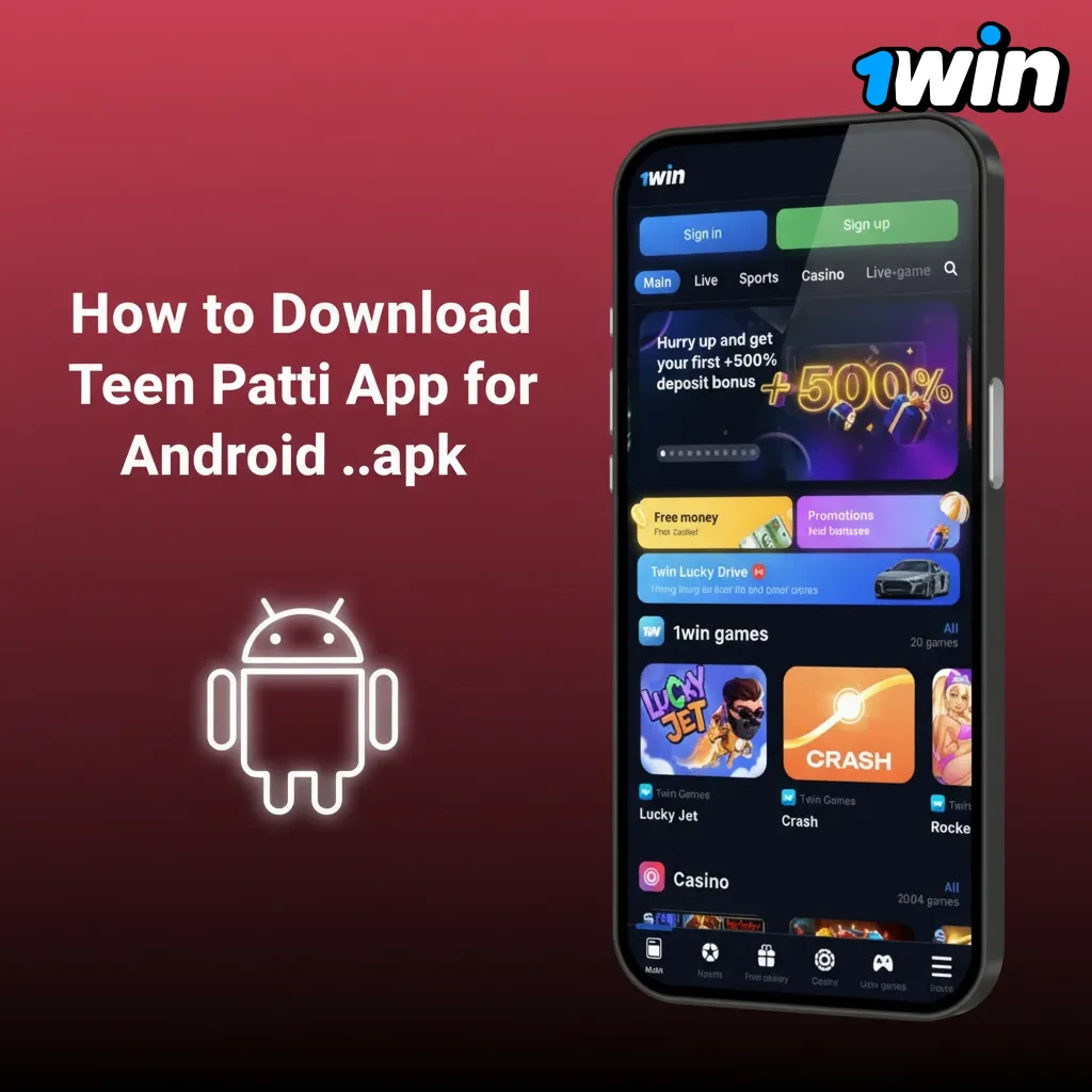 Illustration of an Android phone showing steps to download and install the 1win Teen Patti .apk app