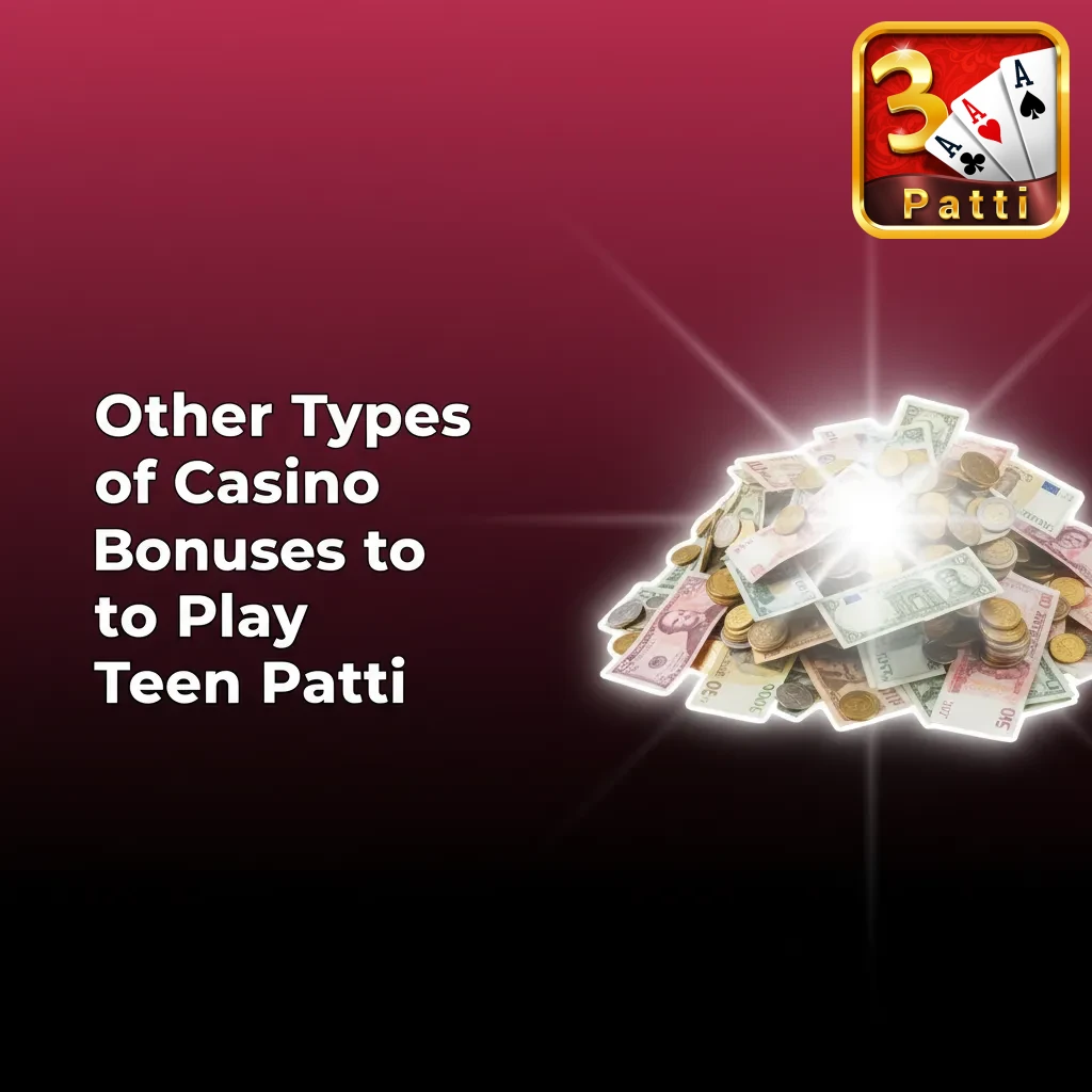 Graphic listing Teen Patti casino bonuses: welcome, free rounds, no deposit, cashback, reload, and VIP loyalty rewards.