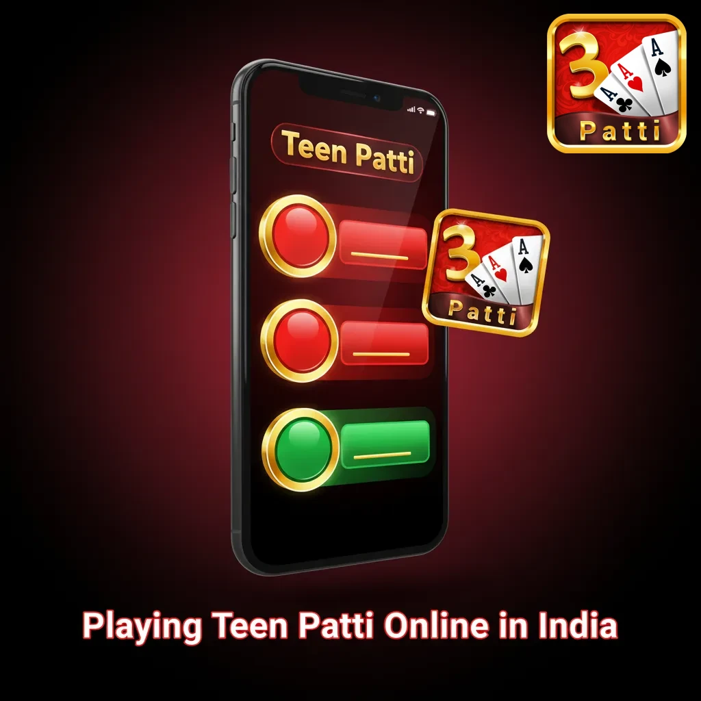 Indian player on a smartphone app selecting a Teen Patti game at an online casino lobby with rupee balance visible