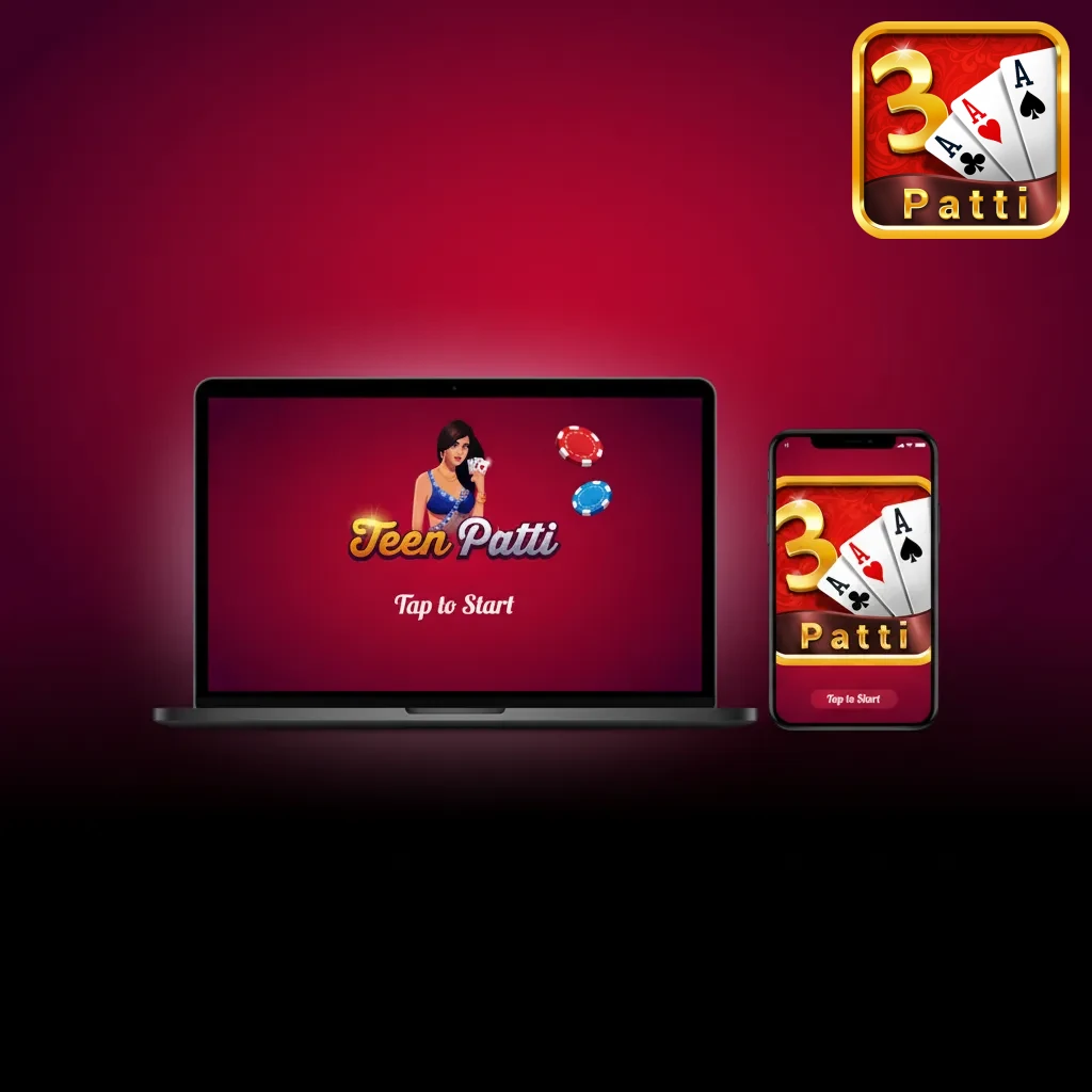 Teen Patti app supported on Android, iOS, Windows, and macOS, shown on phone and laptop screens with game interface visible.