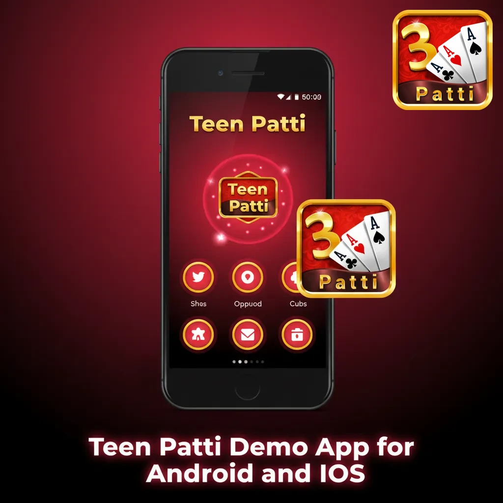 Smartphone screens showing Teen Patti demo game on Android and iOS casino apps and mobile browser