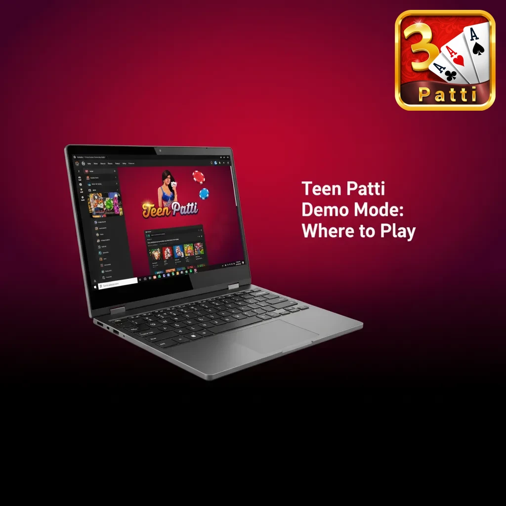 Teen Patti demo game on a laptop screen, player testing virtual cards with no real money involved