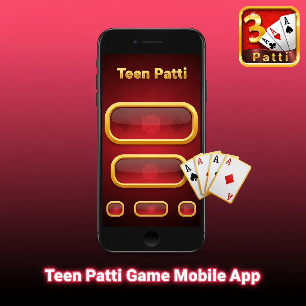Smartphone screen showing Teen Patti casino app interface with chips, cards, and bonus notification icons