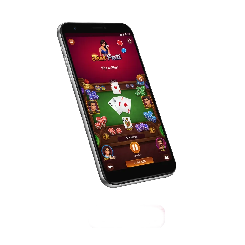 Illustration of a Teen Patti registration screen in India showing signup form, rupee bonus offer, and playing cards