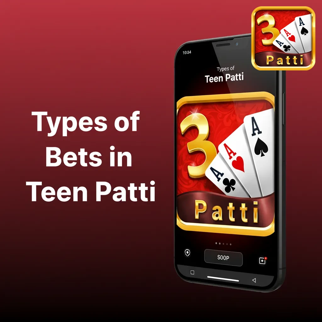 Illustrated guide showing different Teen Patti bet types, from simple ante wagers to side bets and aggressive staking strategies