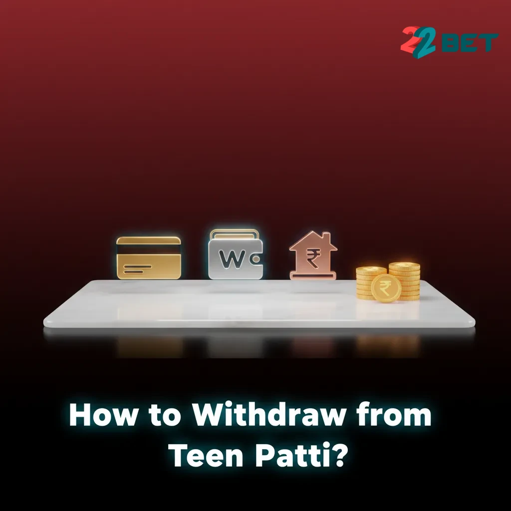Illustrated Teen Patti app screen showing a step-by-step withdrawal process with KYC and payment method icons