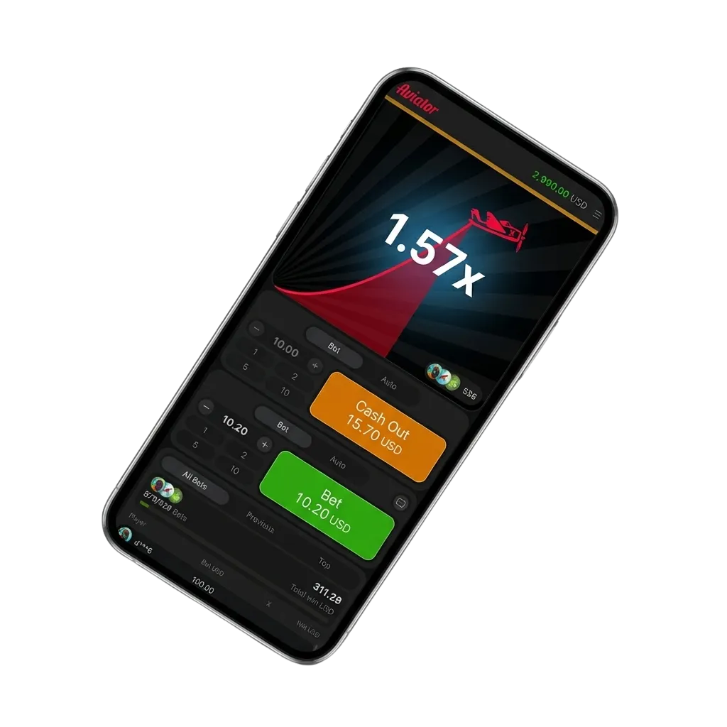 Tela de celular exibindo o jogo Aviator no app da Parimatch, destacando apostas e interface de cassino online móvel