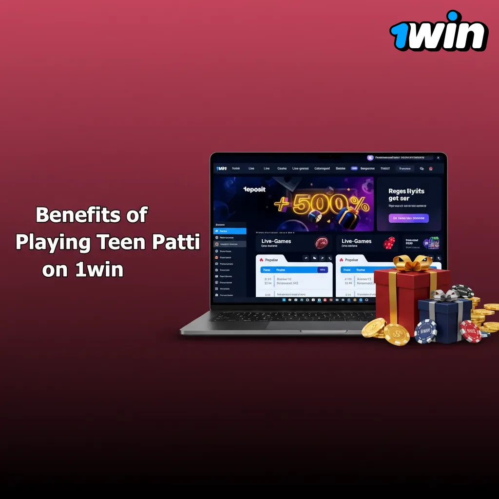 Infographic showing benefits of playing Teen Patti on 1win for Indian players, highlighting INR support, stats, chat, and flexible limits