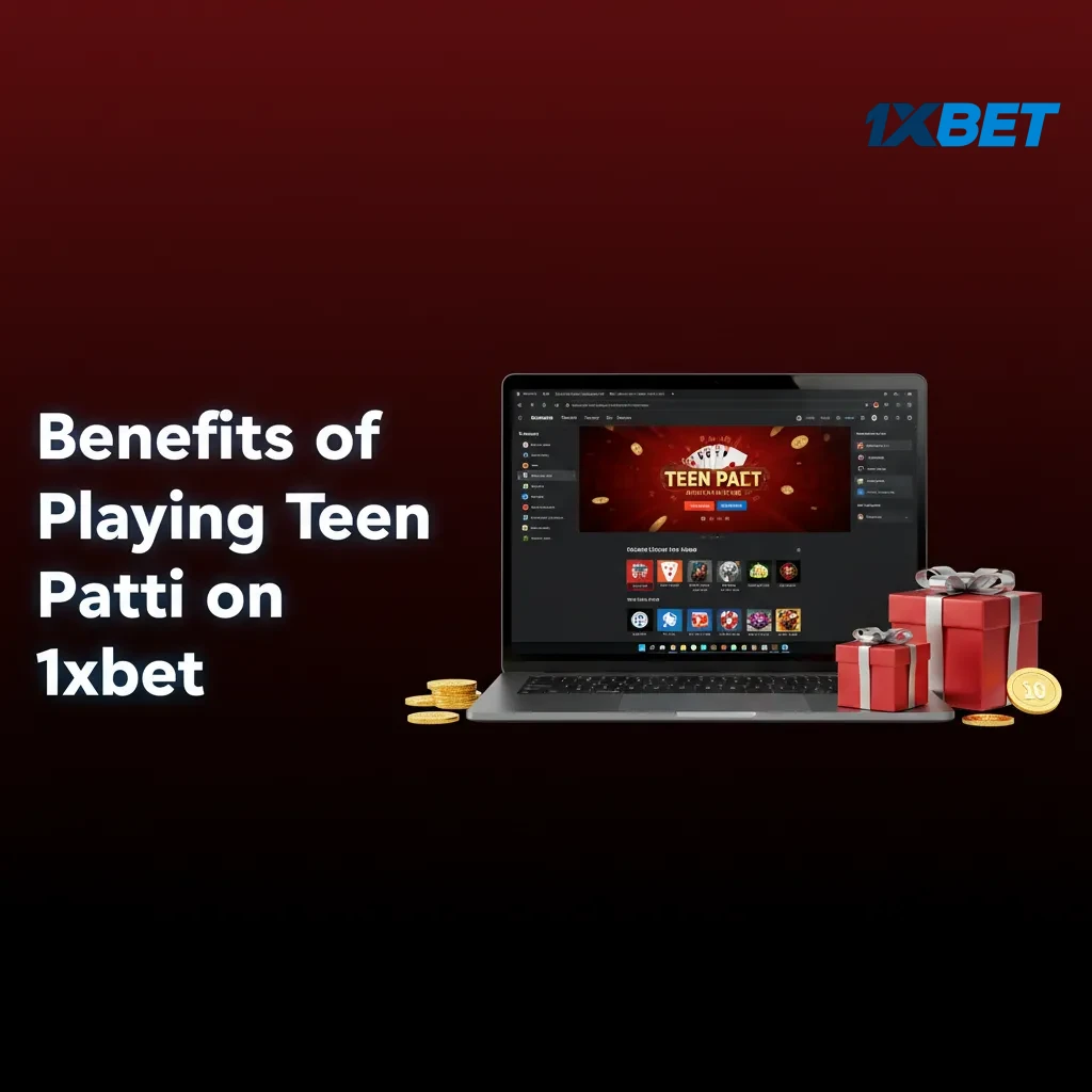 Graphic titled “Benefits of Playing Teen Patti on 1xbet” listing key features, perks, and payment options for Indian players