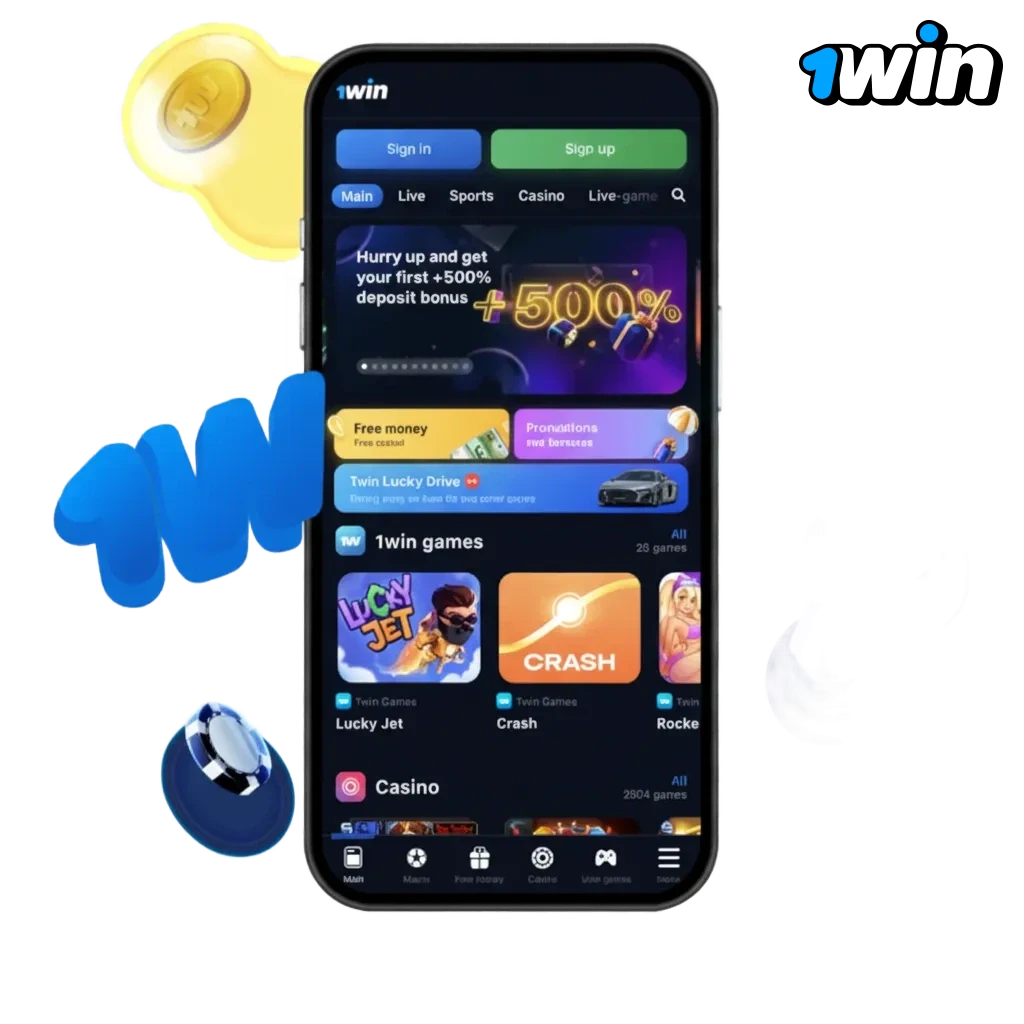 Phone showing 1win Teen Patti game screen with download icons for Android and iOS, highlighting real-money mobile play