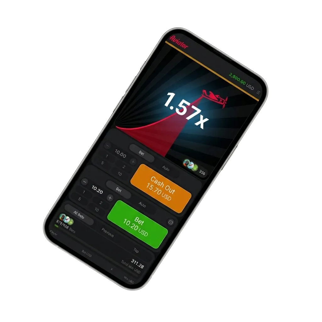 Smartphone screen showing Parimatch Aviator gaming app interface with betting, cashout, and stats options in India