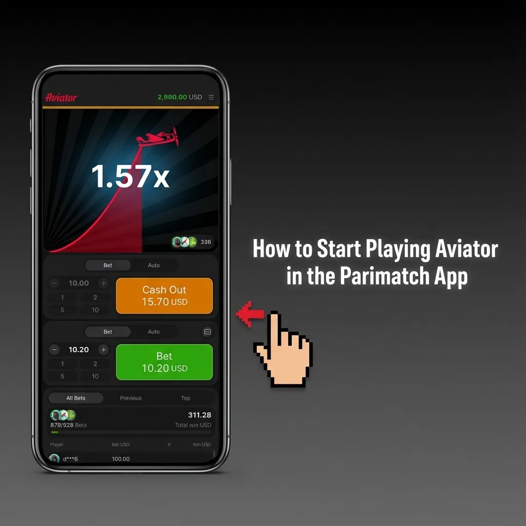 Illustrated steps in Parimatch app: registration, deposit, KYC verification, then starting an Aviator crash game on mobile.