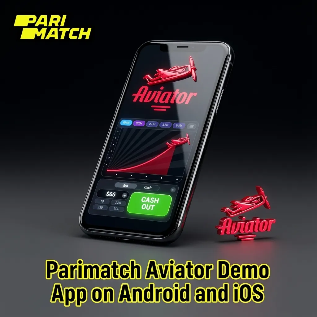 Smartphone screens showing Parimatch Aviator demo app with bet controls and Android/iOS download buttons