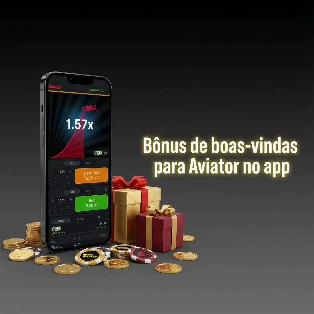 Tela de app mostrando bônus de boas-vindas: 100% até R$1320 + 100 rodadas grátis para jogar Aviator no cassino online