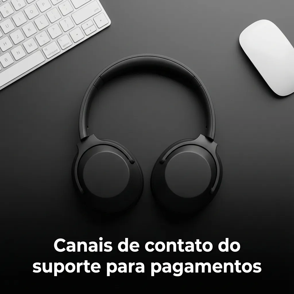 Tela com título “Canais de contato do suporte” listando chat ao vivo, e-mail, FAQ e redes sociais para dúvidas de pagamento