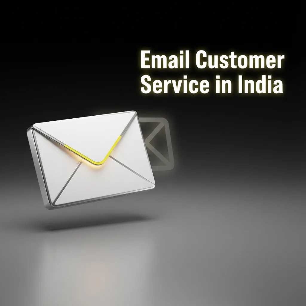 Illustration of a person in India emailing customer service on a laptop, with email icons and support tips around the screen