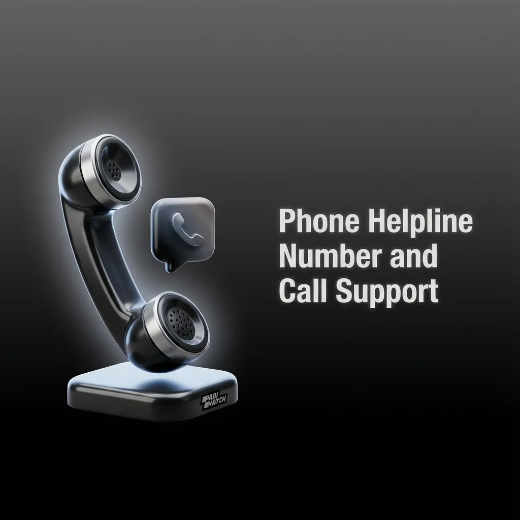Smartphone screen showing Parimatch India helpline number with support agent icon and 24/7 call assistance symbols