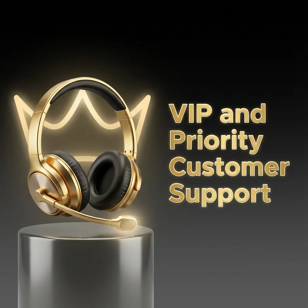 Illustration of VIP customer with headset support, priority chat icons, and fast-response service elements around them