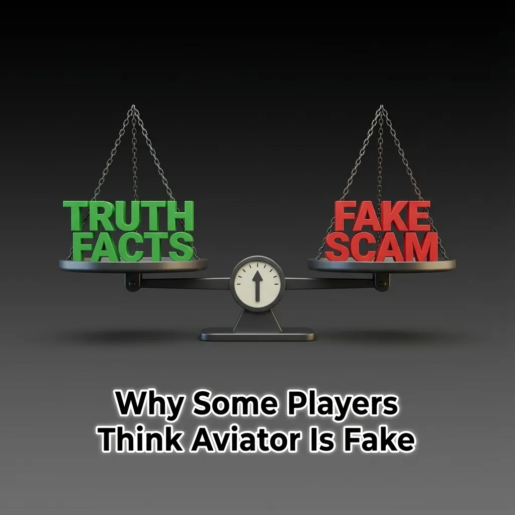 Illustration titled “Why Some Players Think Aviator Is Fake,” showing Aviator plane, rupee bets, social media hype, and scam alerts.