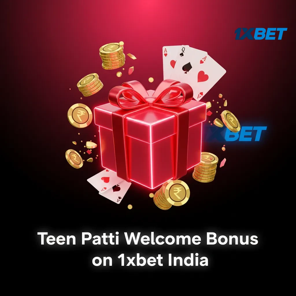 Teen Patti welcome bonus banner on 1xBet India showing 100% match up to ₹20,000 for new casino players