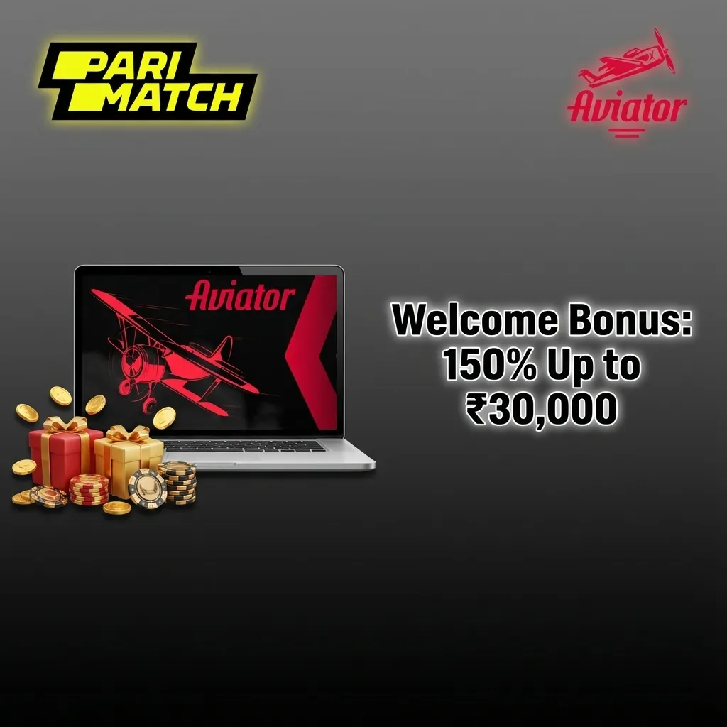 Parimatch welcome bonus banner showing 150% match up to ₹30,000 for new Indian casino players on Aviator game