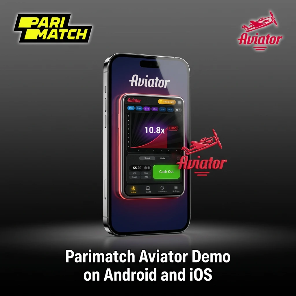 Parimatch mobile app on Android and iOS devices showing Aviator demo game interface optimized for touch screens